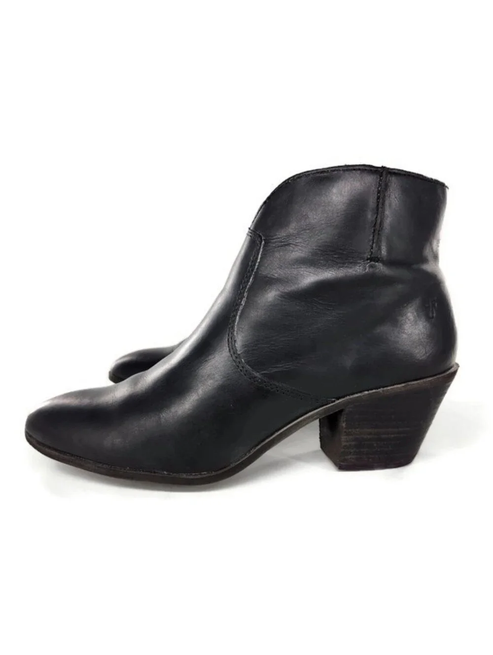 Frye Jennifer Black Leather Almond-Toe Pull-On Side-Zip Block Heel Ankle Booties